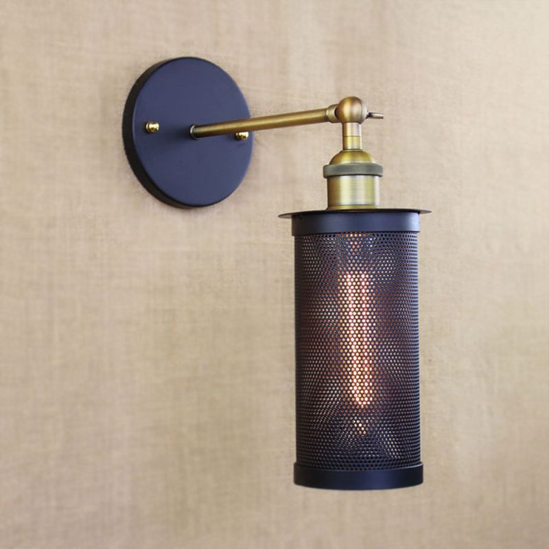 Cylindrical Mesh Metal Shade Wall Lighting Farmhouse 1 Light Corridor Wall Sconce Lamp in Black/Brass