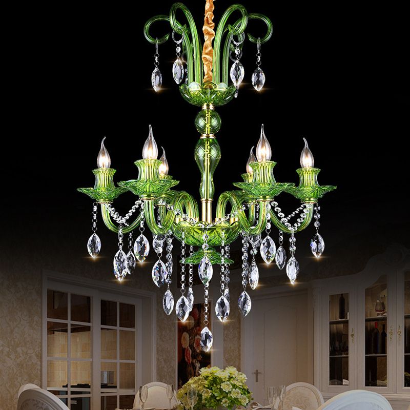 Candle Green Glass Chandelier Lamp Traditional 6 Heads Dining Room Hanging Ceiling Light with Crystal Drip Decoration