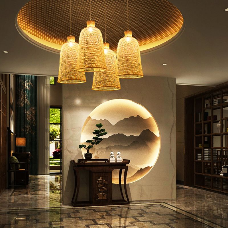 Chinese Style Handmade Ceiling Light Bamboo Single Restaurant Hanging Pendant Light in Wood
