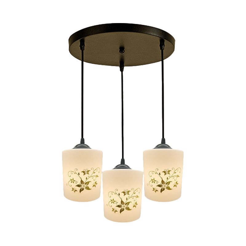 Cylinder Dining Room Multi Ceiling Light Modern White Printed Glass 3-Head Black Hanging Pendant with Linear/Round Canopy