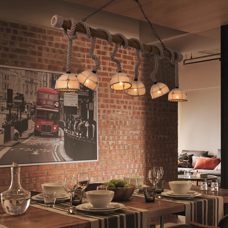 6 Lights Fabric Island Light Farmhouse Wood Bowl Shade Restaurant Pendant Lighting
