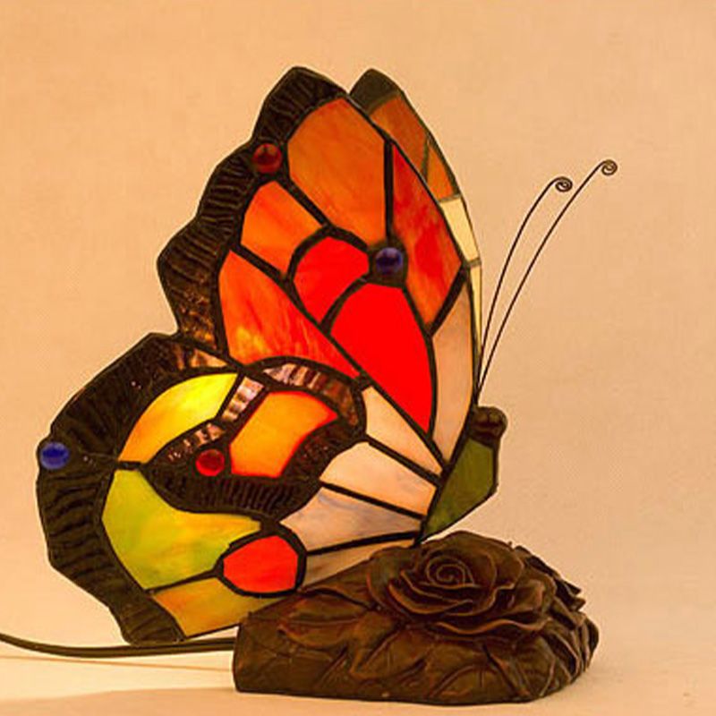 Handcrafted Art Glass Butterfly Table Lamp Tiffany-Style Night Table Lamp