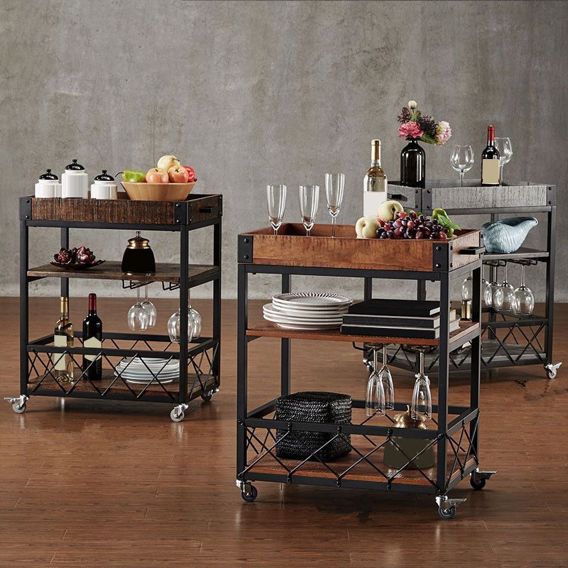 Contemporary Rolling Kitchen Cart Wood Rectangular Kitchen Cart for Dining Room