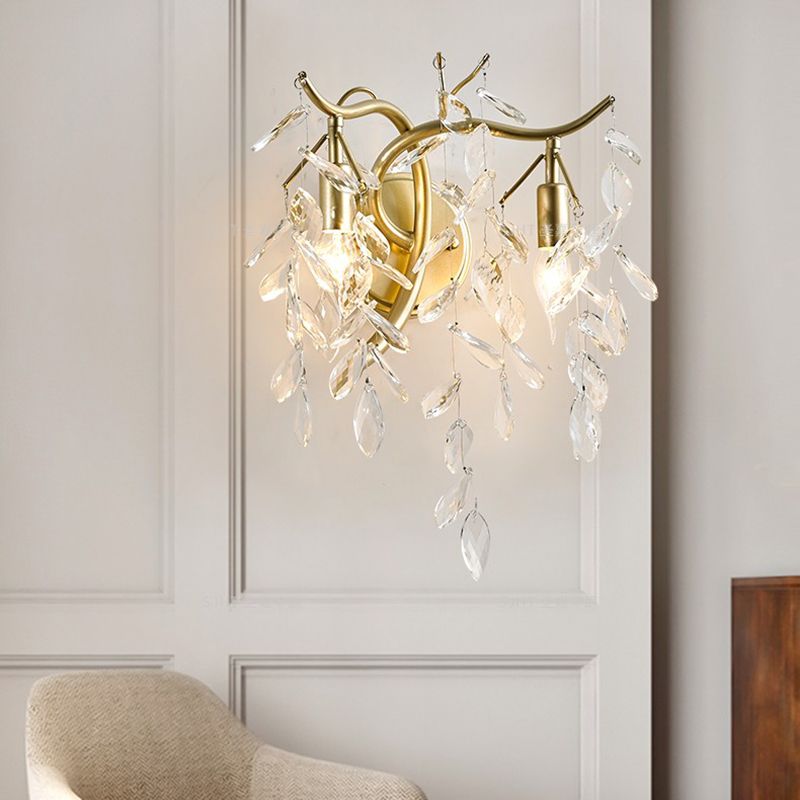 Gold Candle Sconce Light Vintage Metal 2 Lights Living Room Wall Mounted Light with Leaf Crystal Strand
