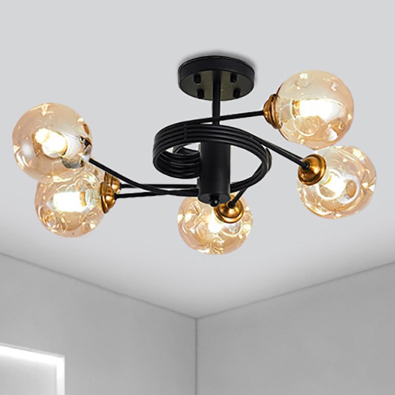 3/5 Lights Living Room Semi Flush with Ball Amber/Smoke Dimpled Blown Glass Shade Modernist Black Semi Flush Ceiling Light