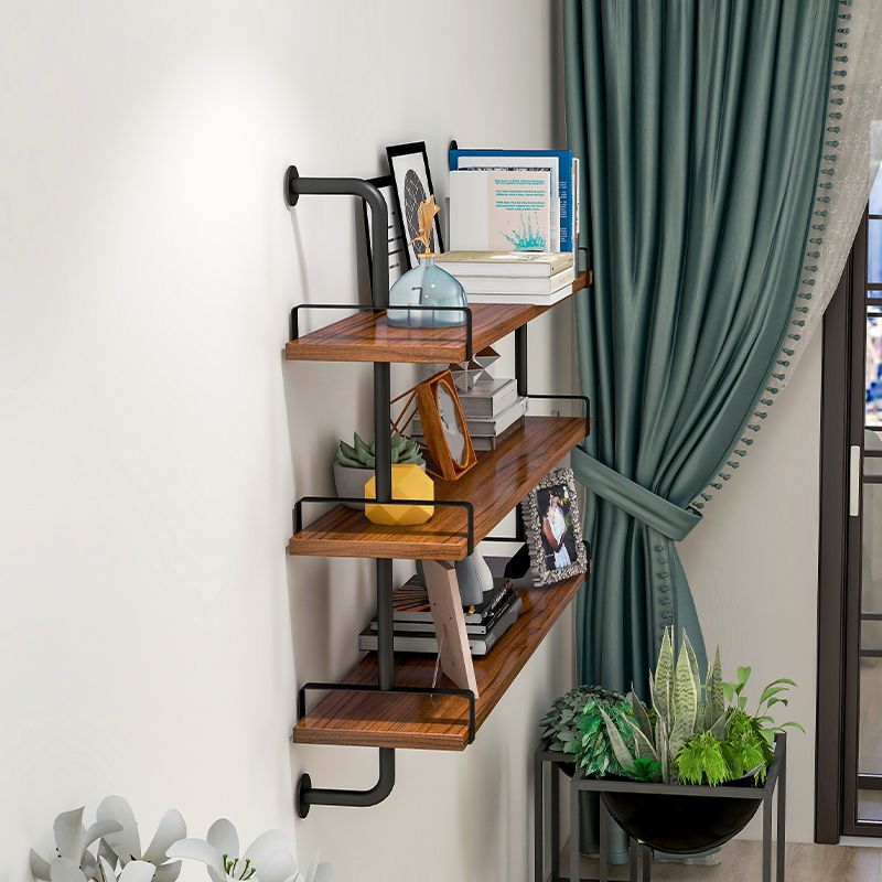 Industrial Wall Unit Bookshelf Black Iron Frame Brown Solid Wood Shelf Bookshelf