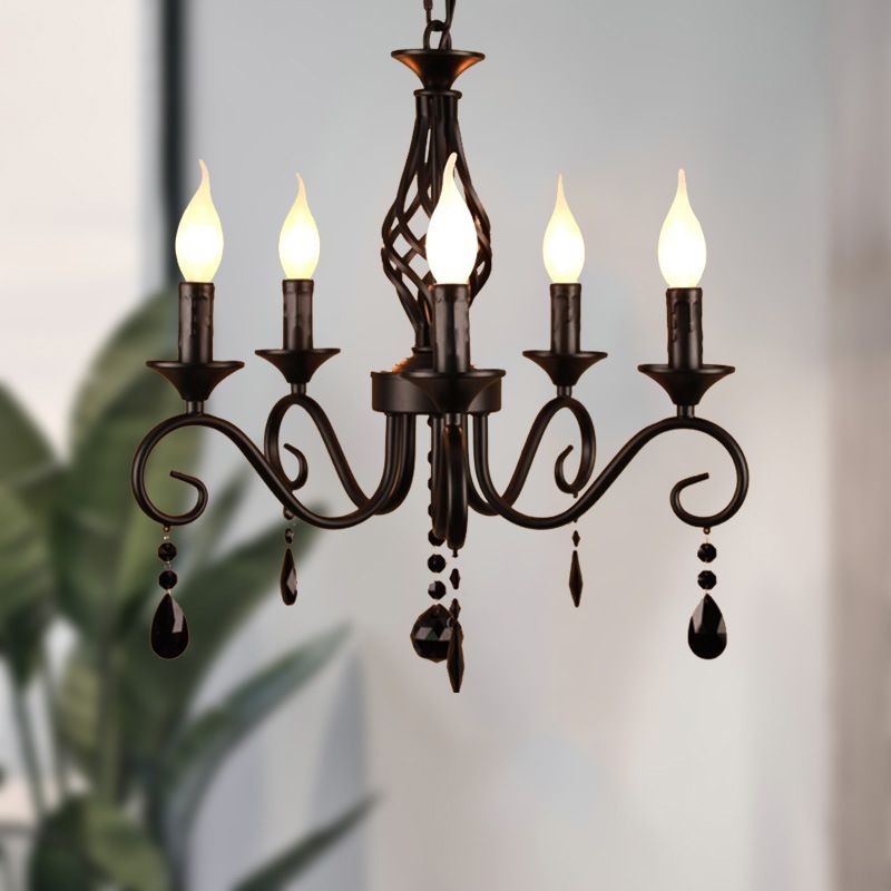 Traditional Candles Hanging Ceiling Light Multi Lights Metal Suspension Light in Black