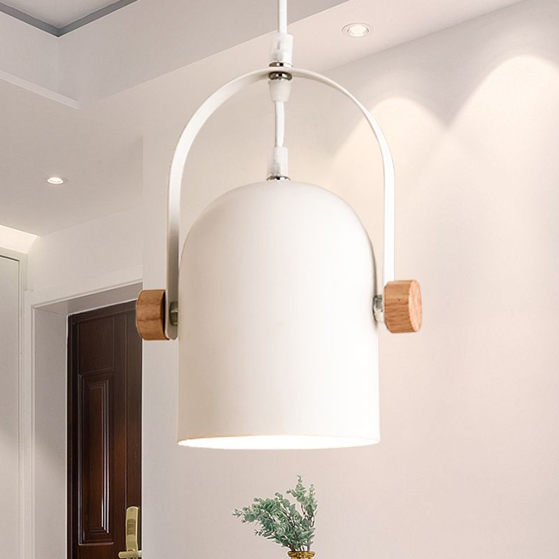 Nordic 1 Light Ceiling Pendant Metallic White Elongated Dome Hanging Light with Wood Lock and Adjustable Handle