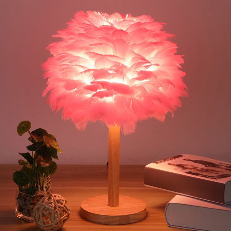 Dome Nightstand Light Nordic Feather Single Bedside Table Lamp in Pink/White/Grey with Wood Pole