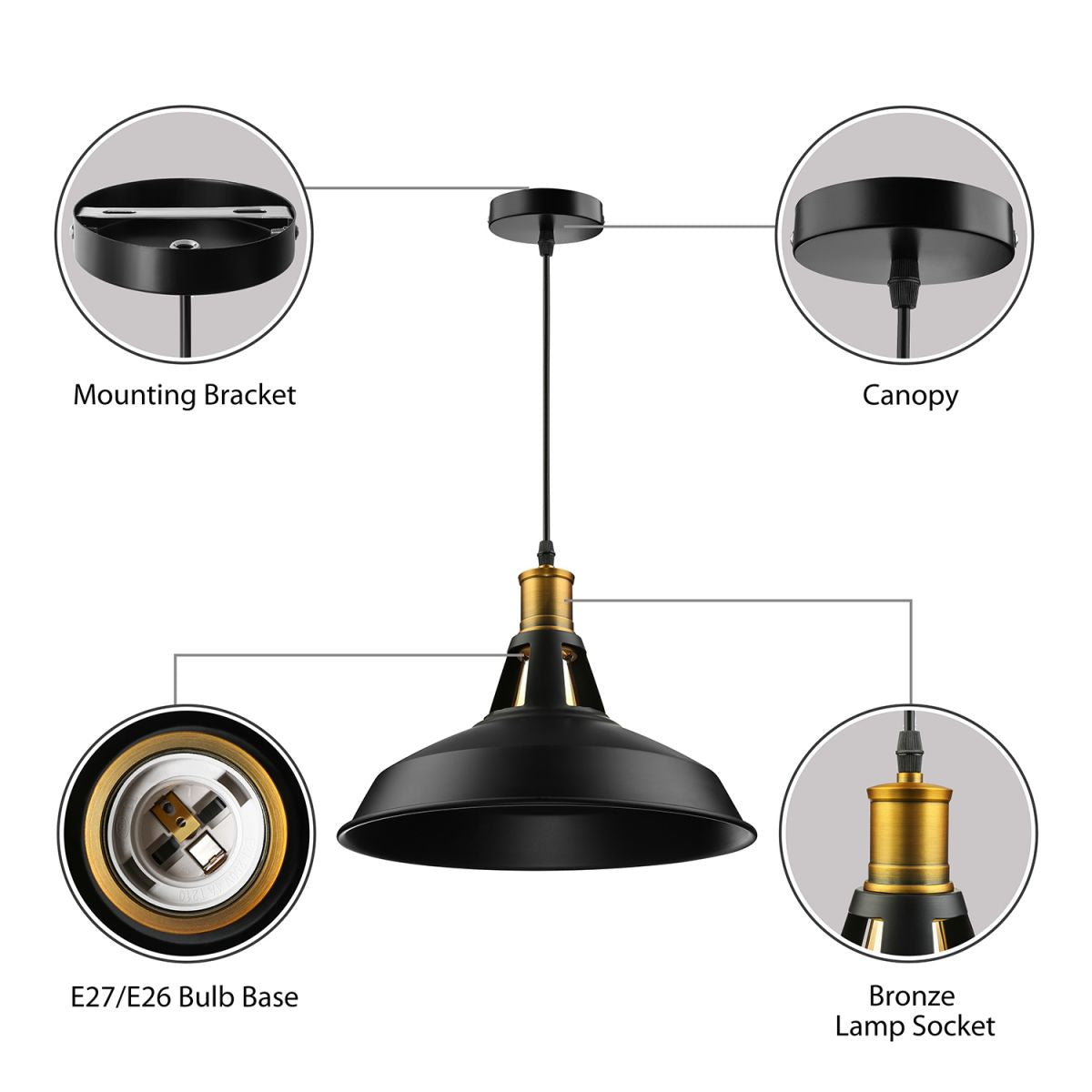 10.5"/12"/15" W 1 Light Hanging Light with Barn Shade Iron Farmhouse Style Dining Room Ceiling Light Fixture in Black/White/White Inner