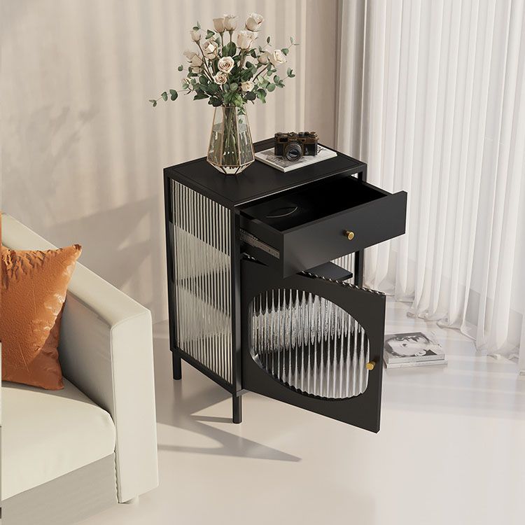 Modern Indoor Dining Server with Glass Doors Polished Finish Metal Sideboard