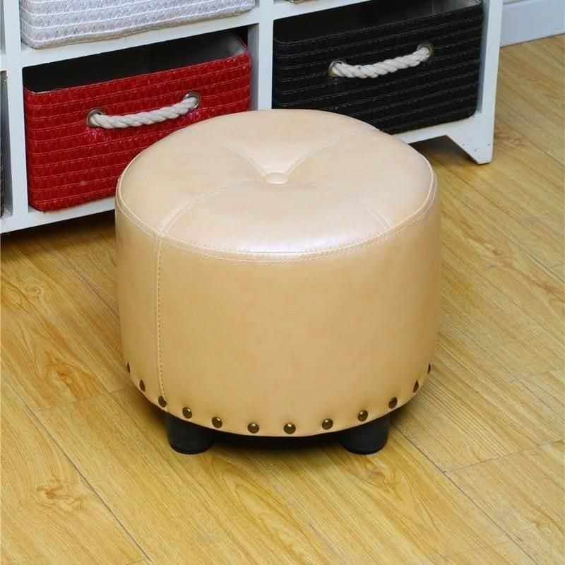 Cylinder Pouf Pure Color Tufted Nailhead Trim Faux Leather Standard Ottoman