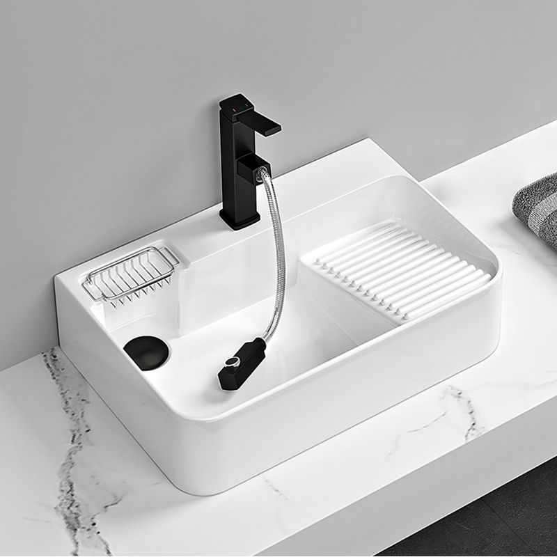 Contemporary Bathroom Sink Porcelain Solid Color Rectangular Vessel Sink with Pop-Up Drain