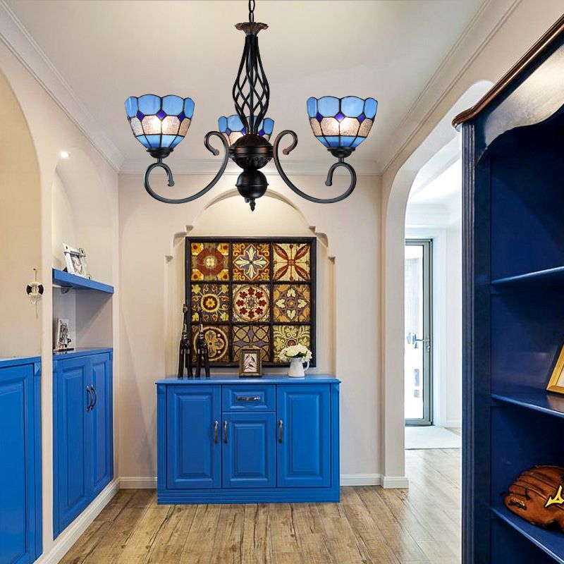 Mediterrane kom hanglamp met gebogen arm blauw glas 3 lichten foyer kroonluchter