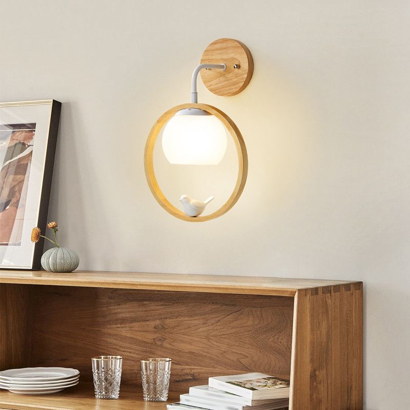 Contemporary Wood Lighting Globe Glass Shaded Wall Light for Bedroom