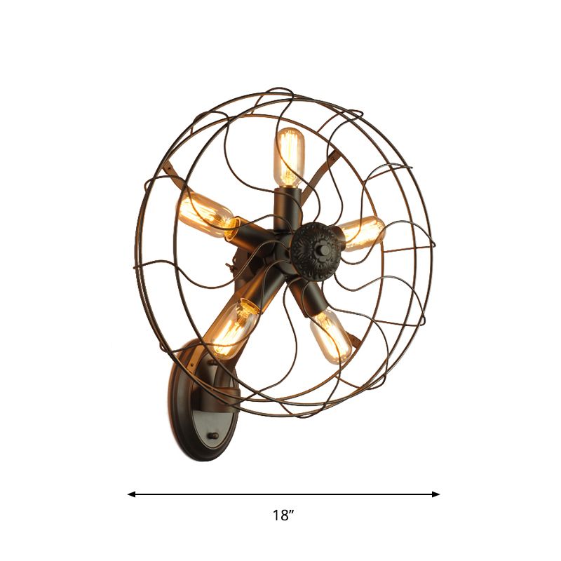 Black Wire Frame Wall Sconce with Fan Design Industrial Metal 5 Lights Corridor Wall Mount Light