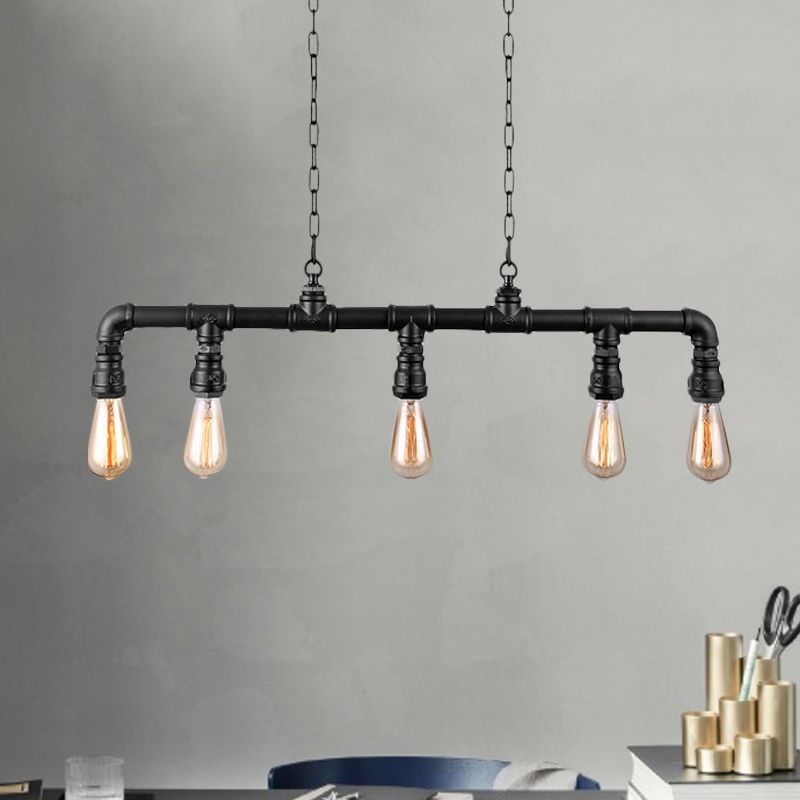 5 Lichter linearer Inselanhänger Licht mit Rohrdesign Bauernhausstil Black Metal Lighting Fiente