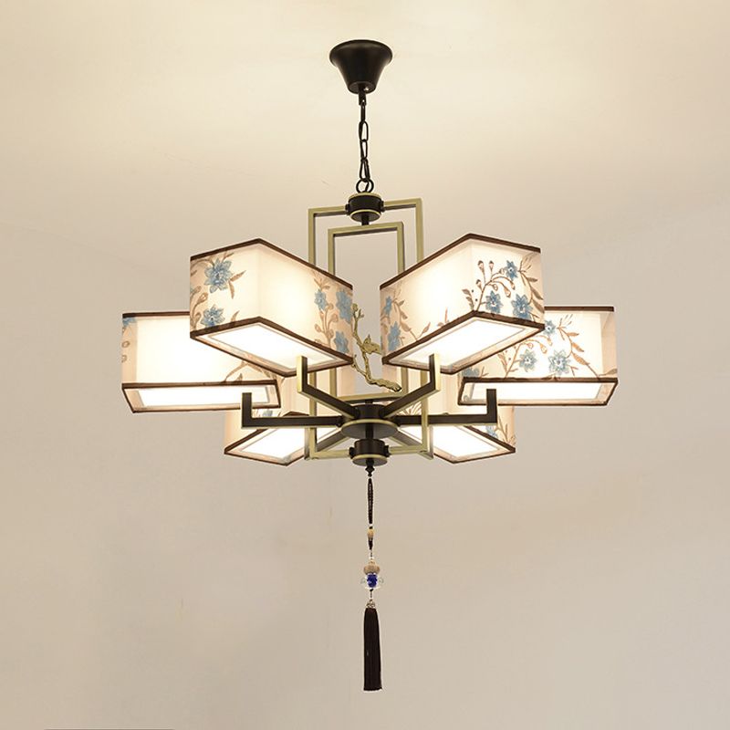 Rustic Embroidery Chandelier Fabric Suspended Lighting Fixture for Living Room