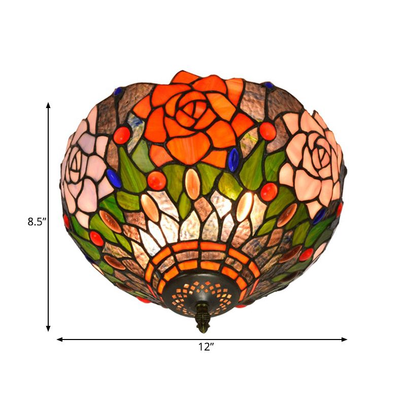 Brass Blossom Lighting Fixture Tiffany 2 Bulbs Multicolored Stained Glass Flush Mount Ceiling Light
