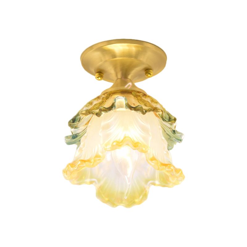 Ruffle Bloom Corridor Ceiling Fixture Warehouse Colorful Ribbed Glass 1-Head Brass Flush Mount Lighting