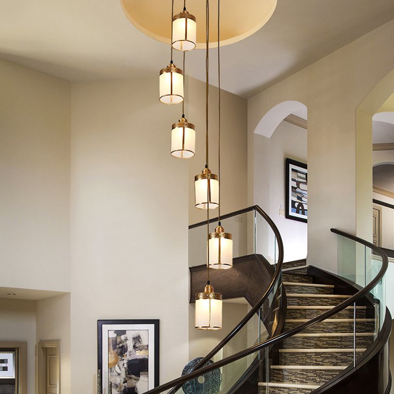 Artistic Cylindrical Multi Ceiling Light Frost Glass Staircase Suspension Lighting in Brass
