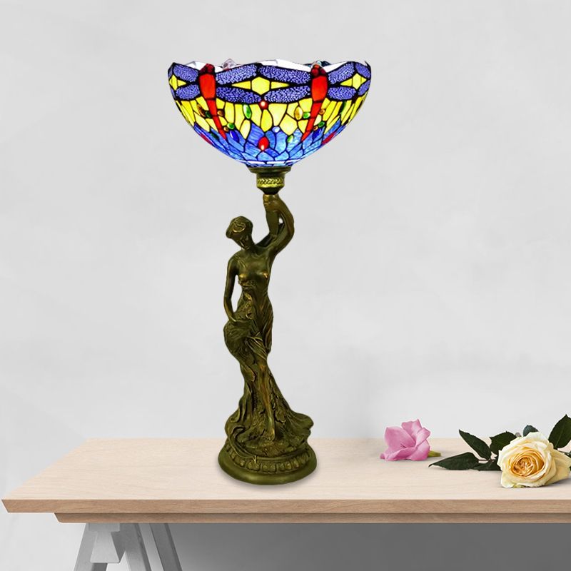 Bowl Table Lighting 1 Head Stained Glass Baroque Petal/Dragonfly Patterned Night Lamp in Brass with Resin Naked Woman Base