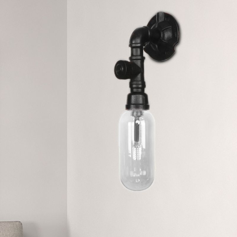 Industrial Capsule Shade Sconce Light Fixture Single Bulb Clear Glass Wall Mounted Pipe Light in Black