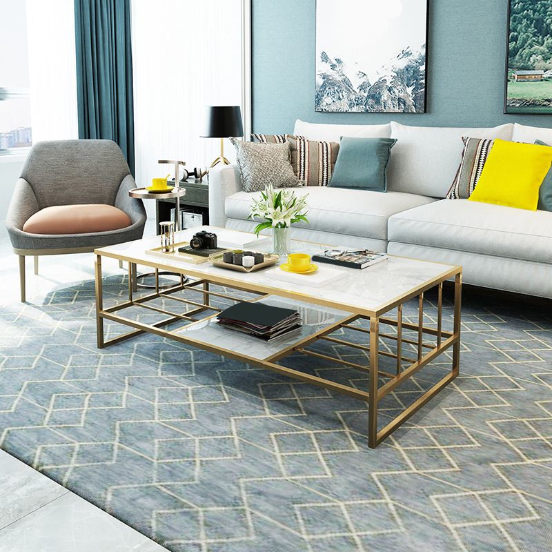 Glam Rectangle Coffee Table with Golden Sled Base and Storage Shelf