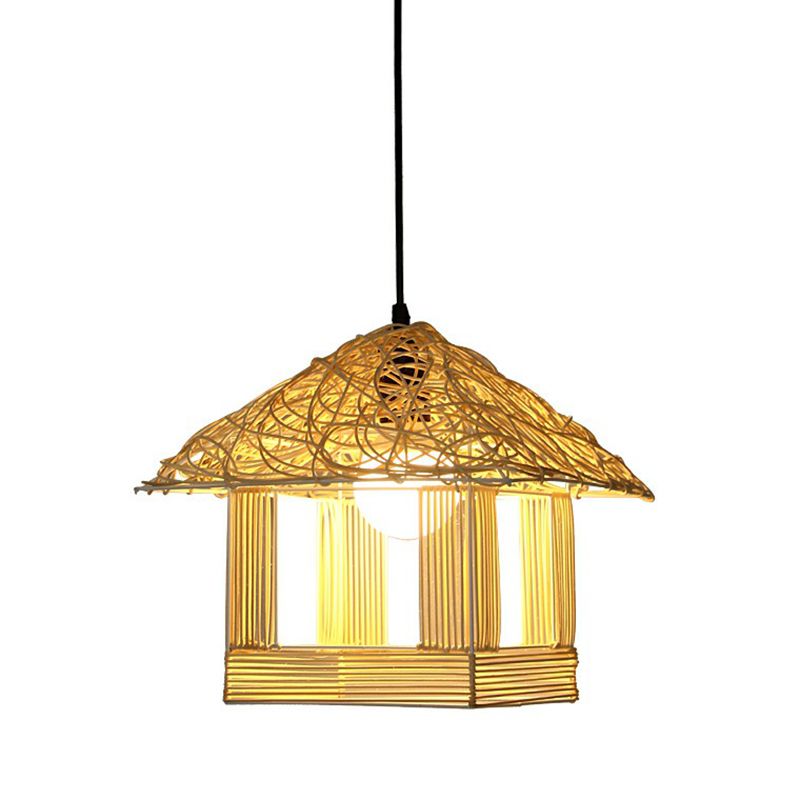 House Shaped Drop Pendant Asian Bamboo 1-Light Restaurant Hanging Light in Beige