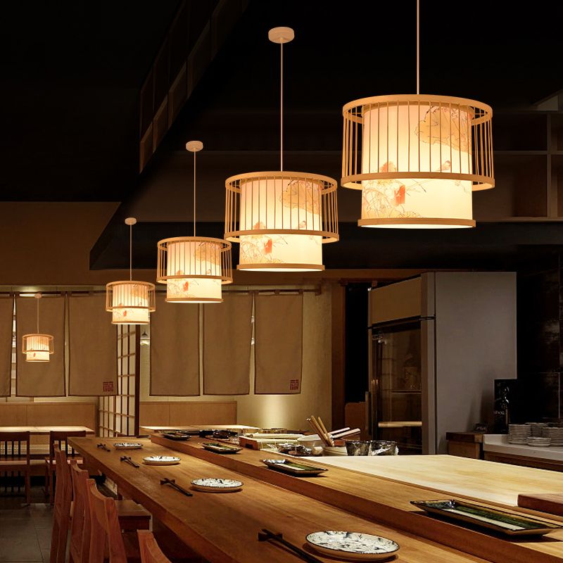 Beige Bamboo Hanging Light Fixture Asian 1-Light Suspension Pendant Light for Restaurant