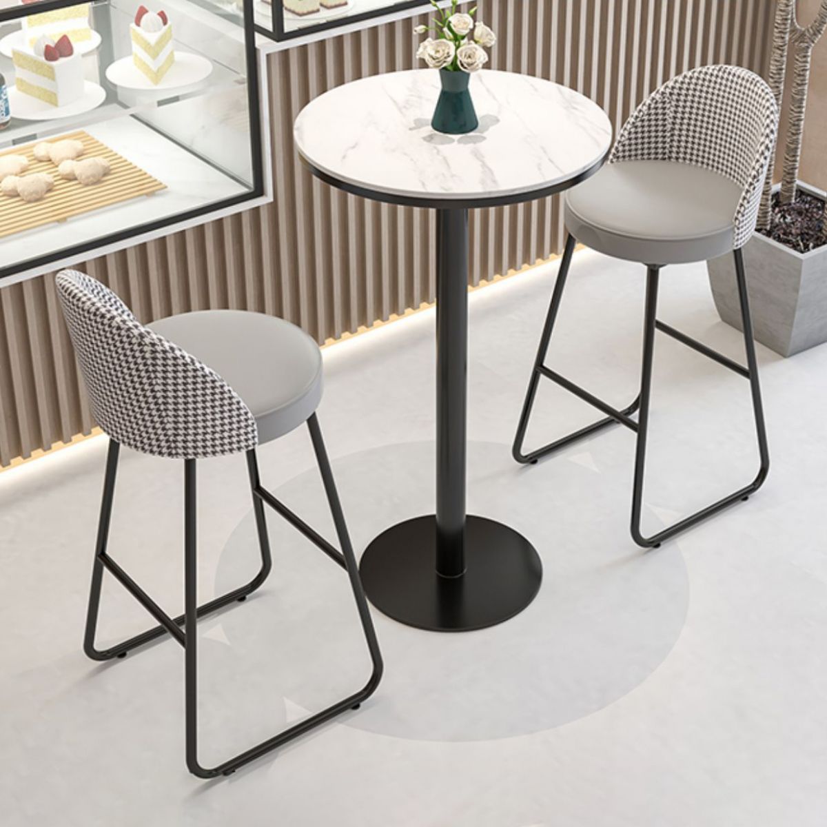 Modern Round Bar Table Set 1/3 Pcs Stone Top Bar Table and Leather Stools