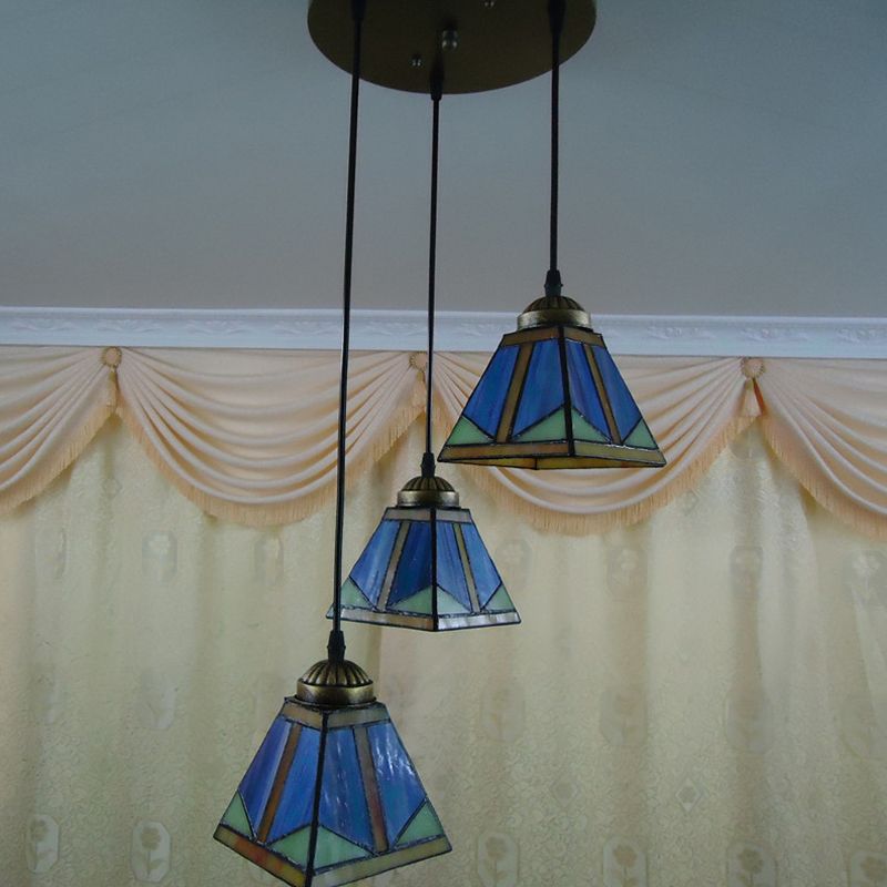 Trapezoid Hanging Pendant Light Stained Art Glass Mission Style Down Lighting in Blue