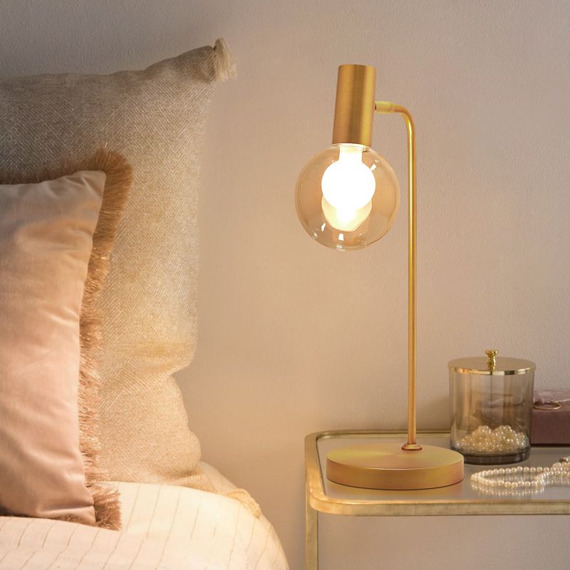 Lujosa lámpara de mesa de 1 luz, iluminación nocturna esférica dorada con pantalla de cristal transparente/gris humo para dormitorio