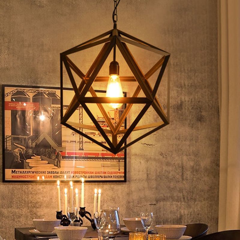 Hexahedron Wrought Iron Cage Hanging Light Vintage Industrial Style Lighting Fixture with 31.5" Adjustable Suspended Chain