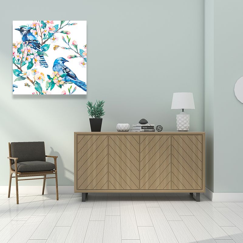 Bright Color Childrens Art Painting Bird and Flower Branch Canvas Print for Dining Room