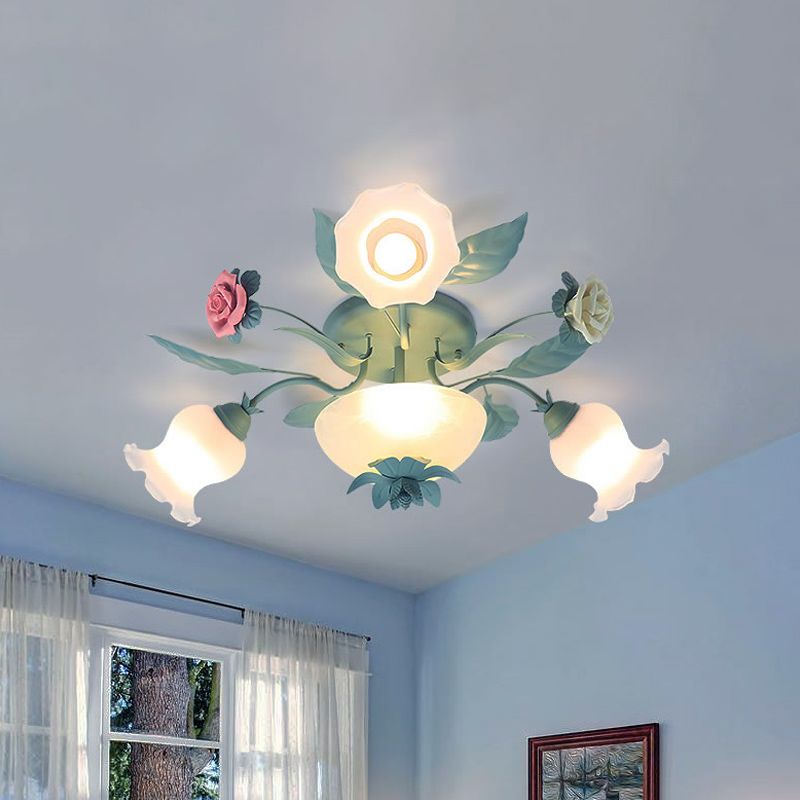 Starburst Milk Glass Semi-Flush Mount Korean Flower 5/7/11 Lights Living Room Flush Light Fixture