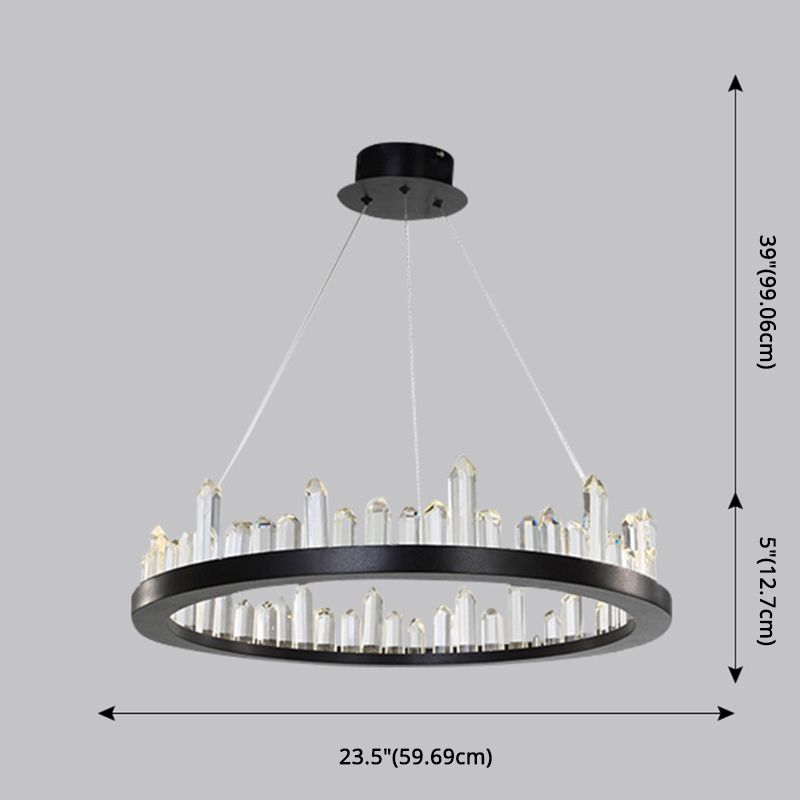 Minimalist Ring-Shape LED Chandelier Crystal Stick Living Room Hanging Light in Black