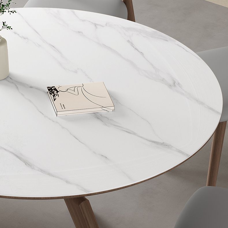 Contemporary Round White Stone Dining Table with Solid Wood Trestle
