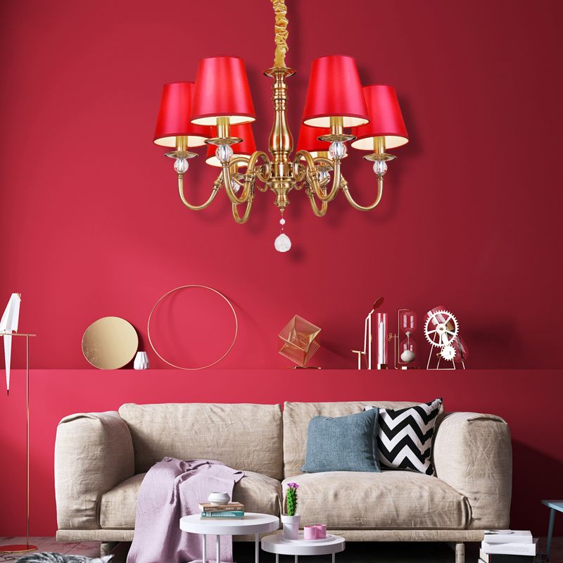 Fabric Red and Brass Chandelier Conical Country Style Pendant Light for Living Room
