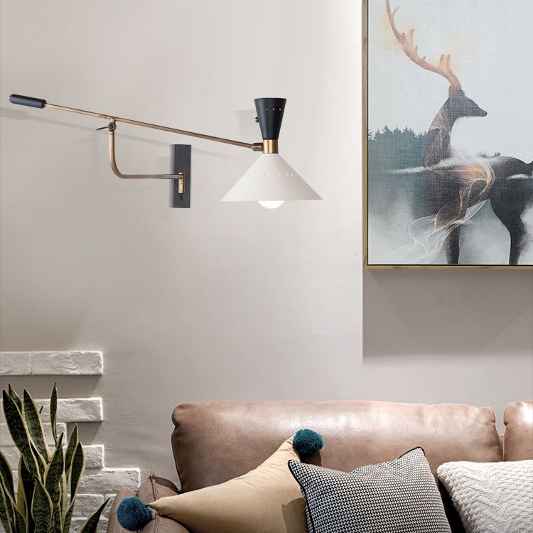 Nordic Swing Arm Wall Light Metal Conical Shade Wall Sconce for Living Room
