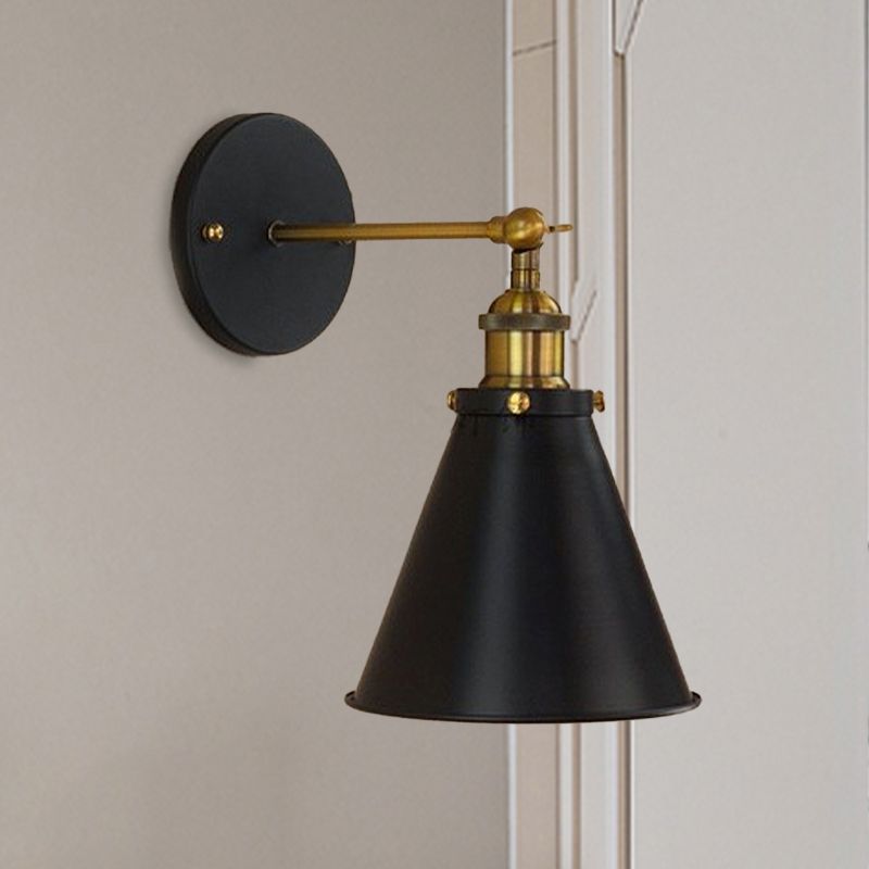 Black/Brass 1 Bulb Sconce Lighting Industrial Stylish Metal Conic Shade Wall Lighting for Living Room