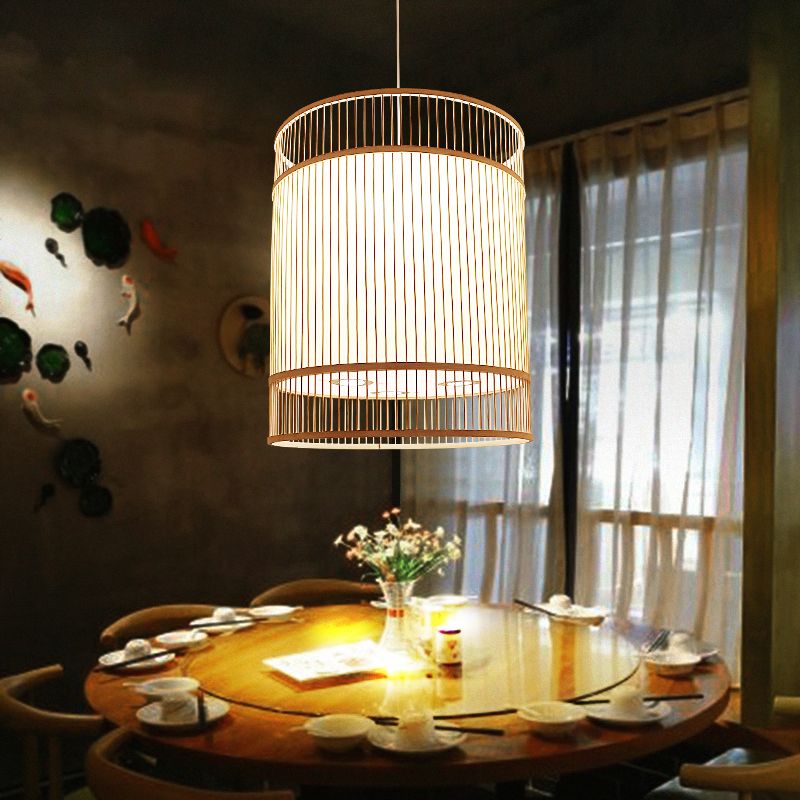 Wood Cylinder Ceiling Light Asian Style 1-Light Bamboo Hanging Light for Restaurant