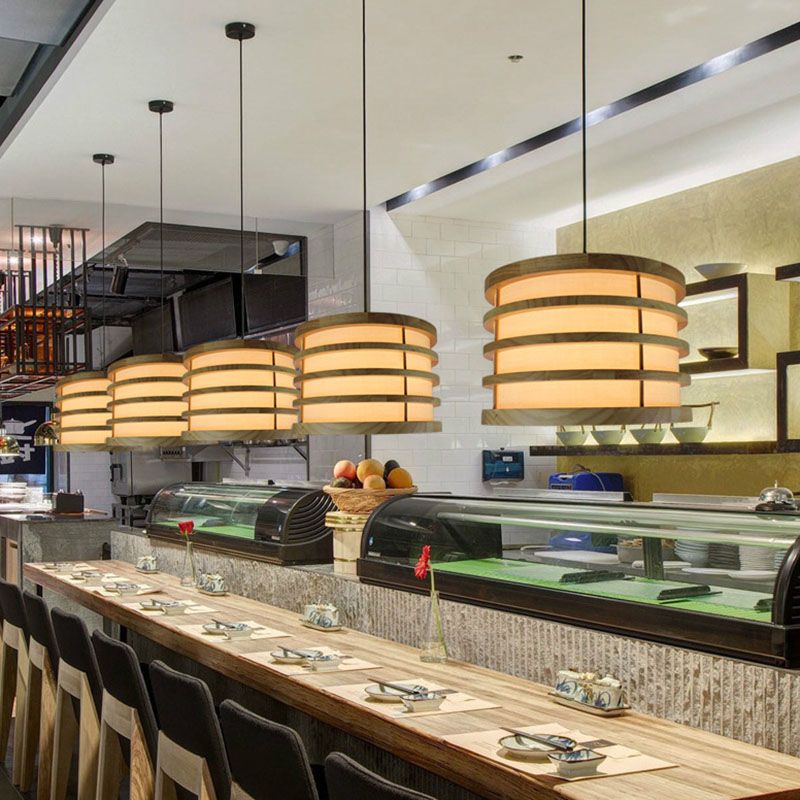 Beige Bucket Shaped Ceiling Pendant Contemporary 1-Light Wood Hanging Light Fixture