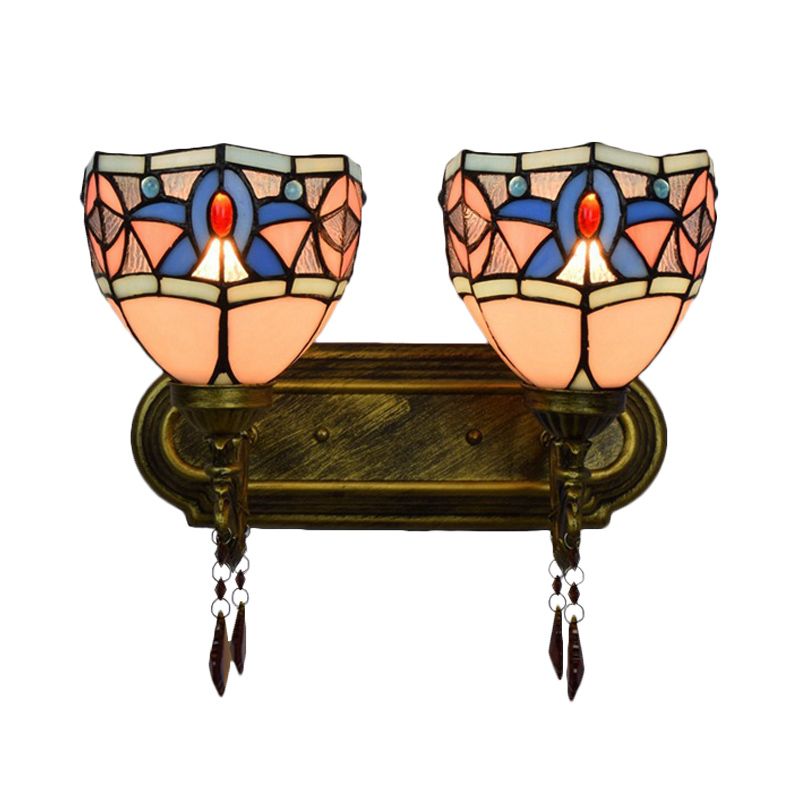 Vintage Tiffany Domed Wall Light 2 Lights Stained Glass Wall Sconce in Antique Bronze for Bedroom