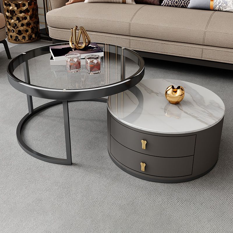 Modern Coffee Cocktail Table Round Nesting Coffee Table Set with Drawer