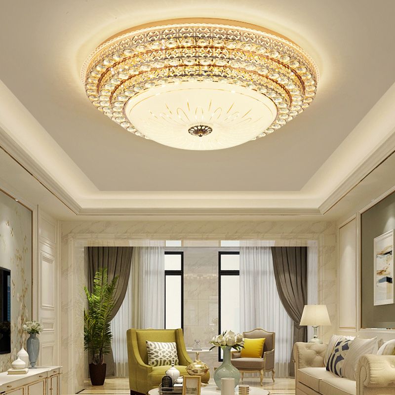 Crystal Gold LED Ceiling Light in Modern Luxury Style Wrought Iron Flush Mount with Glass Shade