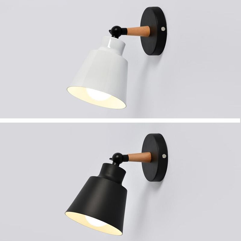 Nordic Macaroon Style Sconce Lights Conical Metal Shade Single Bulb Wooden Wall Mount Lamp for Bedroom