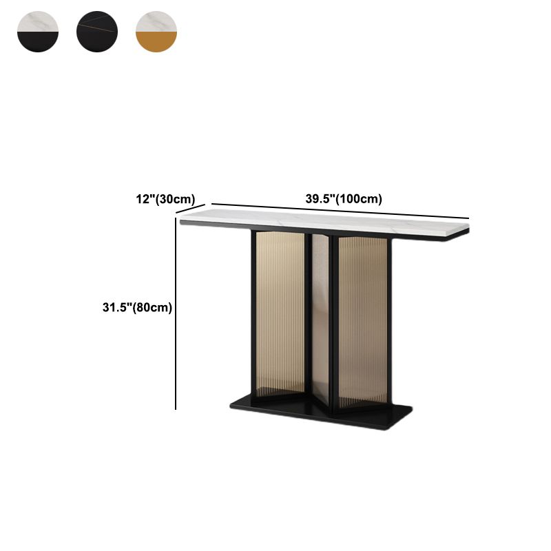 Glam Style Stone Top Console Table with Iron Pedestal Base and Glass