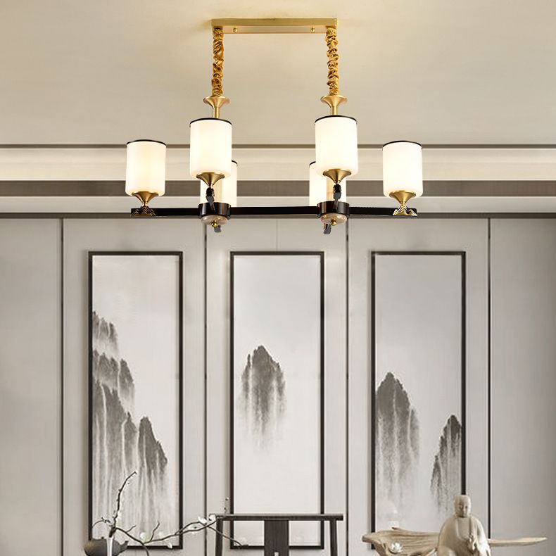 Modern Style Cylindrical Shape Island Lights White Glass 6-light Pendant Lights in Gold