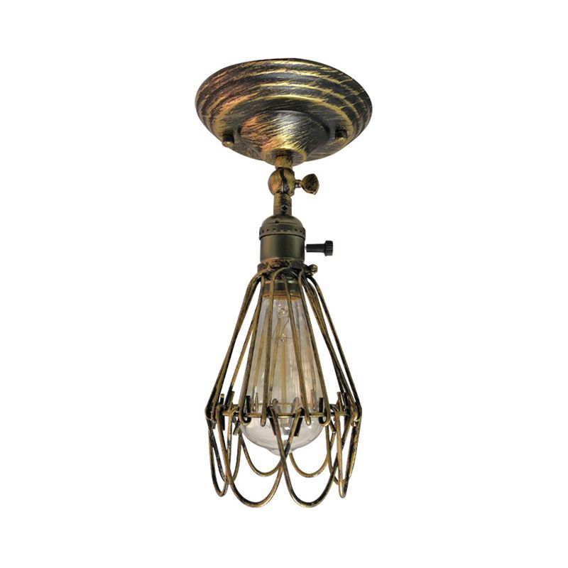 Plafonnier semi-encastré en cage en fer forgé, style ferme, élégant, 1 lumière, luminaire de plafond pour chambre à coucher, rouille/argent vieilli